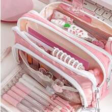 1pc Macaron Style Large Capacity Pencil Case, INS Style Portable Handheld Stationery Storage Bag, 3-Layer Design With Transparent Window, Multifunctional Cosmetic Bag For Daily Use, Ideal Back-To-School Essential Stationery Bag For Students And Young Office Workers - Multicolor - View 11