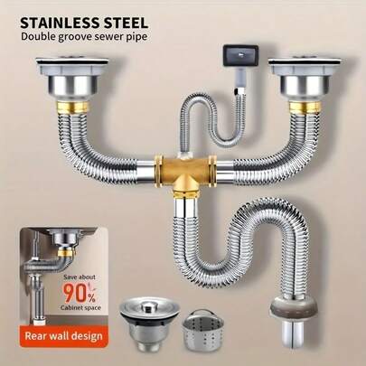 Stainless Steel Kitchen Sink Drain Set, Fits Single/Double Sinks, Flexible Composite Drain Pipe With Overflow, Anti-Clogging, Easy Installation