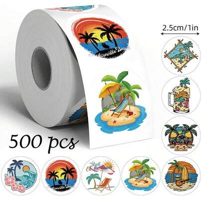 500 adesivos de grafite com tema de praia ao pôr do sol, 2,5 cm de diâmetro, 8 estampas de desenhos animados para férias, ideais para envelopes, revistas, capas de celular, copos, capacetes, scrapbooking, decoração DIY, embalagens de presentes para festas e feriados. Adesivos de PVC à prova d'água.