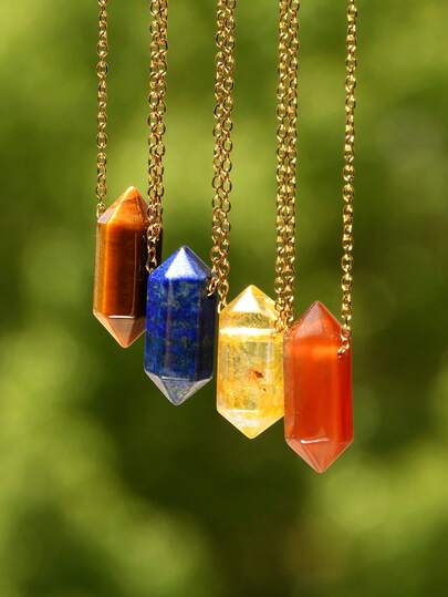 Summer Minimalist Natural Stone Necklace, Elegant Stainless Steel Natural Crystal Hexagonal Pendant Choker, Amethyst & Carnelian & Agate Couples Jewelry