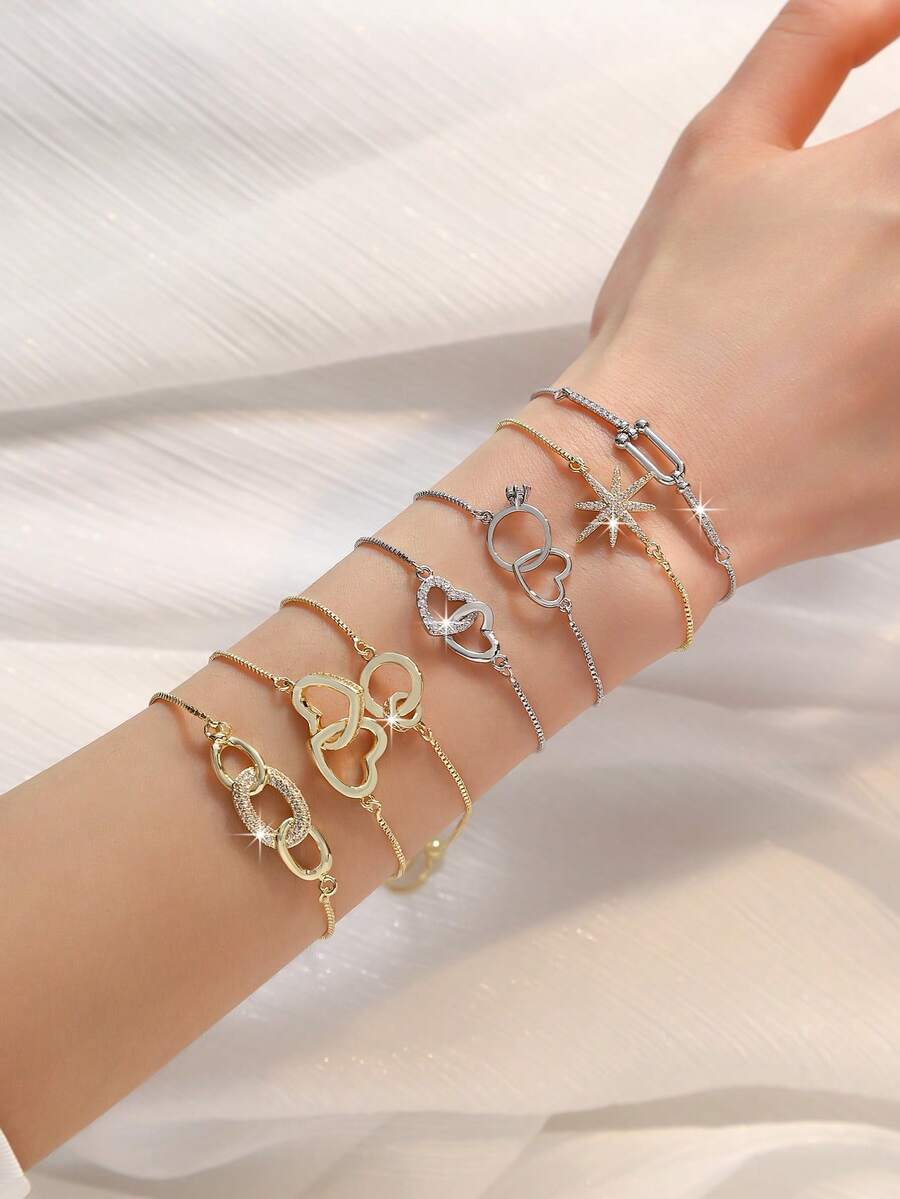 1pc Adjustable Rotating Chain Bracelet For Women, Featuring Octagon Star, Heart, Ring, Circle, Letter U, Suitable For Daily Wear, Gift, Graduation, Wedding, Birthday Party - Multicolor - View 1