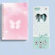 A5 Cute Notebook With Spiral Binding, Minimalist Butterfly Dream Series + Green Cover 0.5mm Black Ballpoint Pen - Multicolor - View 8