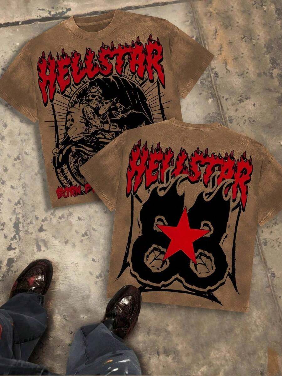 Skeleton Biker & Flame & Red Star Graphic Men's 230g Combed Cotton T-Shirt, Y2K Street Short-Sleeve Top, Summer Crew Neck Top, Y2K Streetwear Suitable For Summer Daily Casual Wear, Streetwear For Young People, Unisex,Camisas Para Hombre,Mens Clothes,Summer Outfits,Summer Tops,Graphic Tee,St Pattys Day Outfit,Easter Outfits,Spring Clothes - màu nâu cà phê - Xem 1