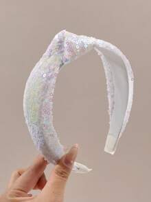 1件白色和粉色珠光心形亮片激光反光打结交叉宽发箍，优雅适合派对、节日、假日、春夏佩戴 - 彩色 - 查看 11