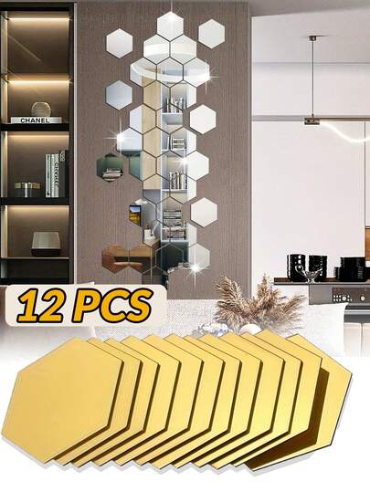 12 pièces Autocollants muraux en miroir hexagonal, Décalcomanies de miroir 3D en acrylique auto-adhésif, Décoration créative pour la maison, le salon et la chambre à coucher, Stickers muraux géométriques stéréoscopiques, Disponible en argent/or