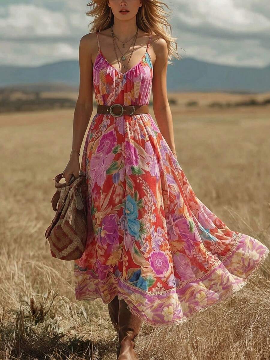 Vuslat 女士夏季休闲宽松 V 领碎花复活节连衣裙，巴厘岛海滩度假风波西米亚连衣裙，适合夏季度假、音乐节、假日穿着 - 玫瑰紅 - 查看 1