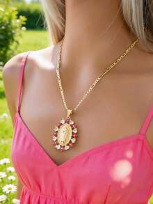 1pc 3D Hollow Virgin Mary, St. Jude, St. Michael Flower Stone Pendant Necklace, Suitable For Men And Women Daily Wear, Party, Prayer - Multicolor - View 2
