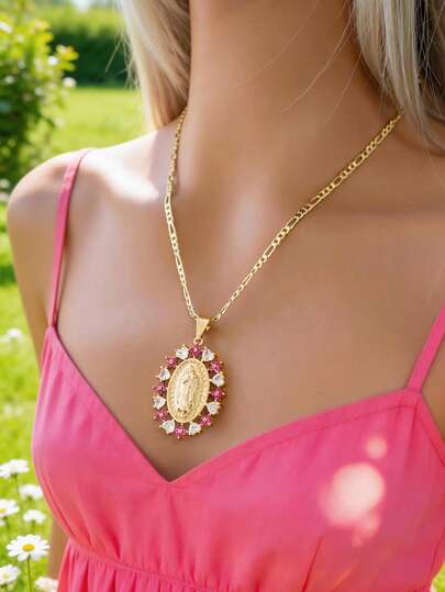 1 pieza Colgante hueco 3D de la Virgen María, , San Miguel, collar con piedra en forma de flor, fe cristiana, apto para uso diario, fiesta, oración, unisex