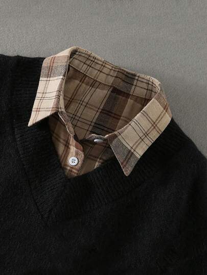 1pc Plaid Casual Shirt With Detachable Collar, Versatile Pointed Collar Design, Suitable For Autumn/Winter And Spring, Unisex, Comfortable And Washable, A Multifunctional Accessory For Styling