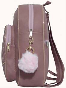 Women's Backpack, Small Bag With A Cool And Delicate Print + Pompom Keychain. - Rusty Rose - View 4