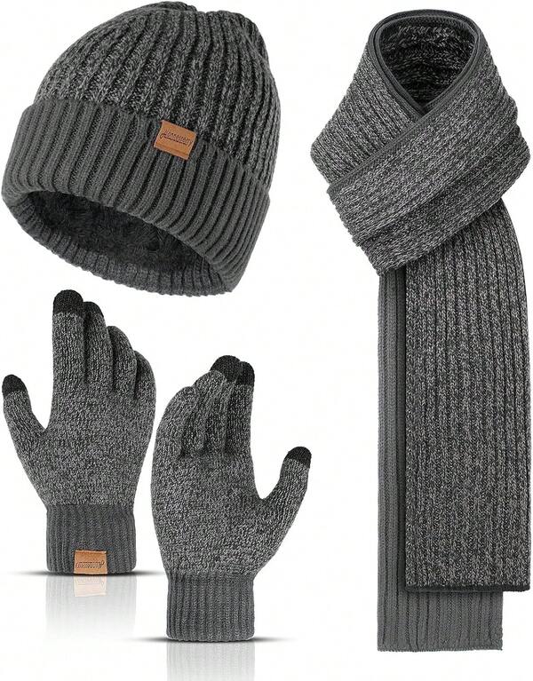 Men's Winter Beanie Hat Set With Fleece Lined Scarf And Gloves