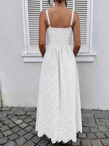 Womens Sleeveless Maxi Summer Dresses 2026 Hollow Out Eyelet Square Neck Ruffle Flowy Beach Vacation Sundress - White - View 5