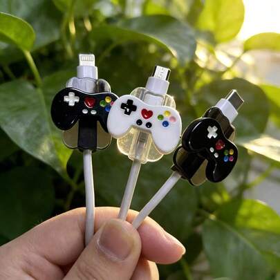 2pcs Game Console Pattern Cable Protectors, Prevent Data Cable Breakage, Suitable For Lightning (5-14) / E-Reader Type-C, Creative Design Cable Protectors, Great Gift