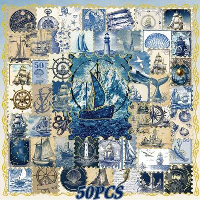 50pcs Vintage Blue Nautical Stickers, PET Material With Foil Finish, Suitable For Decorating Journals, Toys, Cars, Blocks And Other Children's Items