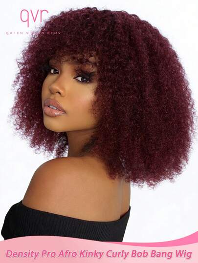QVR QUEEN VIRGIN REMY QVR Afro Kinky Curly Bob Wig With Bangs Human Hair Wear & Go Kinky Curly Bob Bang Wig 99J Red Burgundy Glueless Machine Made Curly Bob Wig With Fringe 250% Density Density Pro Non Lace Short Curly Bob Wig 100% Brazilian Virgin Remy Hair Effortless Human Hair Wig