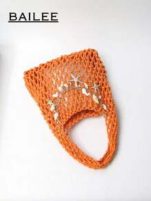 BAILEE 1 Set Polyester Crochet Mesh Bottom Multi-Color Solid Knitted Tote Bag, Quilted Pattern, Lightweight Portable Large Capacity Cute Fashion Beach Bag, Suitable Women, Young Professionals, Teachers/Girls - Orange - 查看 5