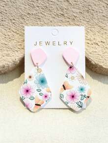 1对女士花卉蝴蝶印花浅粉色陶瓷质感优雅菱形亚克力耳环 - 彩色 - 查看 10
