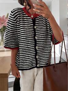 Nuevo suéter de mujer a rayas blancas y negras para primavera/verano 2026, adecuado para el Día de San Valentín y días festivos - Blanco y Negro - Ver 7