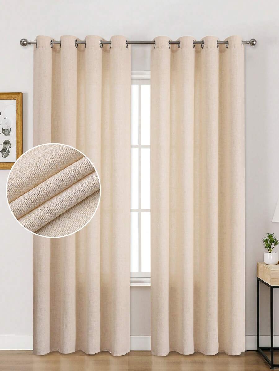 1pc/2pcs Light Filtering Curtains/Top Tie Solid Curtains/Light Balancing Filtering Sunlight Curtains, Multiple Sizes & Colors Available, Faux Linen Texture Suitable For Living Room, Bedroom, Kitchen, Home, Farmhouse, Rustic Decor, Beige Curtains - Beige - View 1