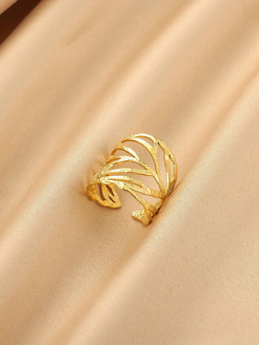 Edelstahl Vintage Textur Cut Out Blatt Ringe für Frauen, goldplattierter breiter offener Ring im europäischen und amerikanischen Stil, Schmuck für den täglichen Urlaub, Accessoires, Geschenk - 1 - Übersicht 1