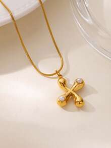 MECYLIFE 1件装时尚不锈钢26字母吊坠项链，镶嵌珍珠，女士项链 - 珍珠字母 - 查看 12