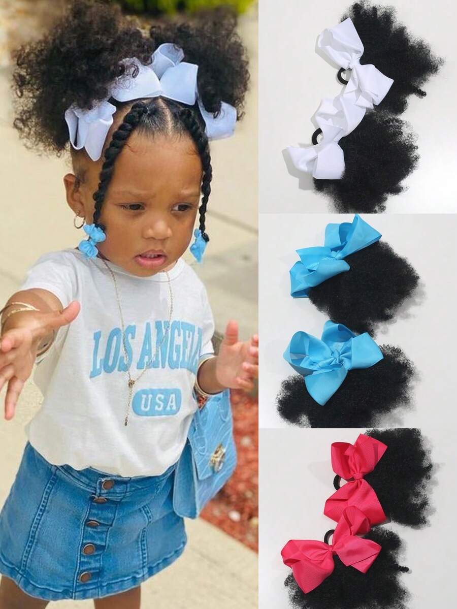 2 Tóc giả cho trẻ em kiểu búi nơ, tóc xù mềm mại, tóc xoăn Marley, tóc dày cho bé gái, có dây chun.