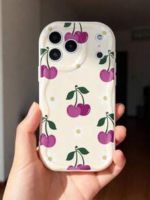 1pc Minimalist Fresh Cherry & Daisy Pattern Full Coverage Cream Wavy Edge Unique Phone Case Suitable For IPhone 11/12/13/14/15/16/17 Pro Max - Multicolor - View 5