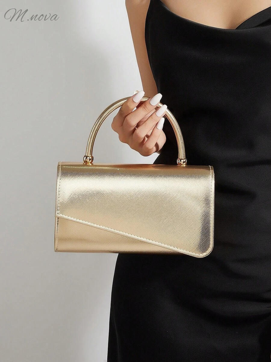 Women's Fashion Solid Color Clutch Bag, Decorated With Metal Accents, Flap Design, PU Material, Chain Shoulder Strap, Suitable For Formal Occasions/Parties Such As Galas, Balls Or Formal Events. - Gold - View 1