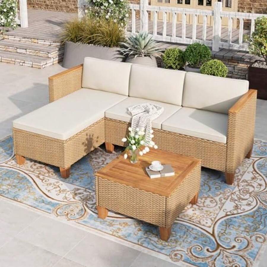 HERA'S HOUSE Small Patio Furniture Set 3 Pieces Wicker Outdoor Sectional Sets Yellow Rattan Conversation Set With Sofa And Coffee Table For Garden And Backyard L Shape Boho Balcony Couch Sets - 6 SEATS SECTIONAL - View 1