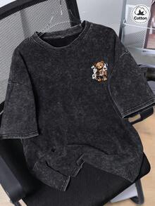 Áo thun nam Hemo, họa tiết gấu phong cách hip-hop đường phố, chất liệu cotton pha, hơi co giãn, cổ tròn, tay ngắn, màu đen, kiểu dáng thoải mái hàng ngày. - màu đen - Xem 2