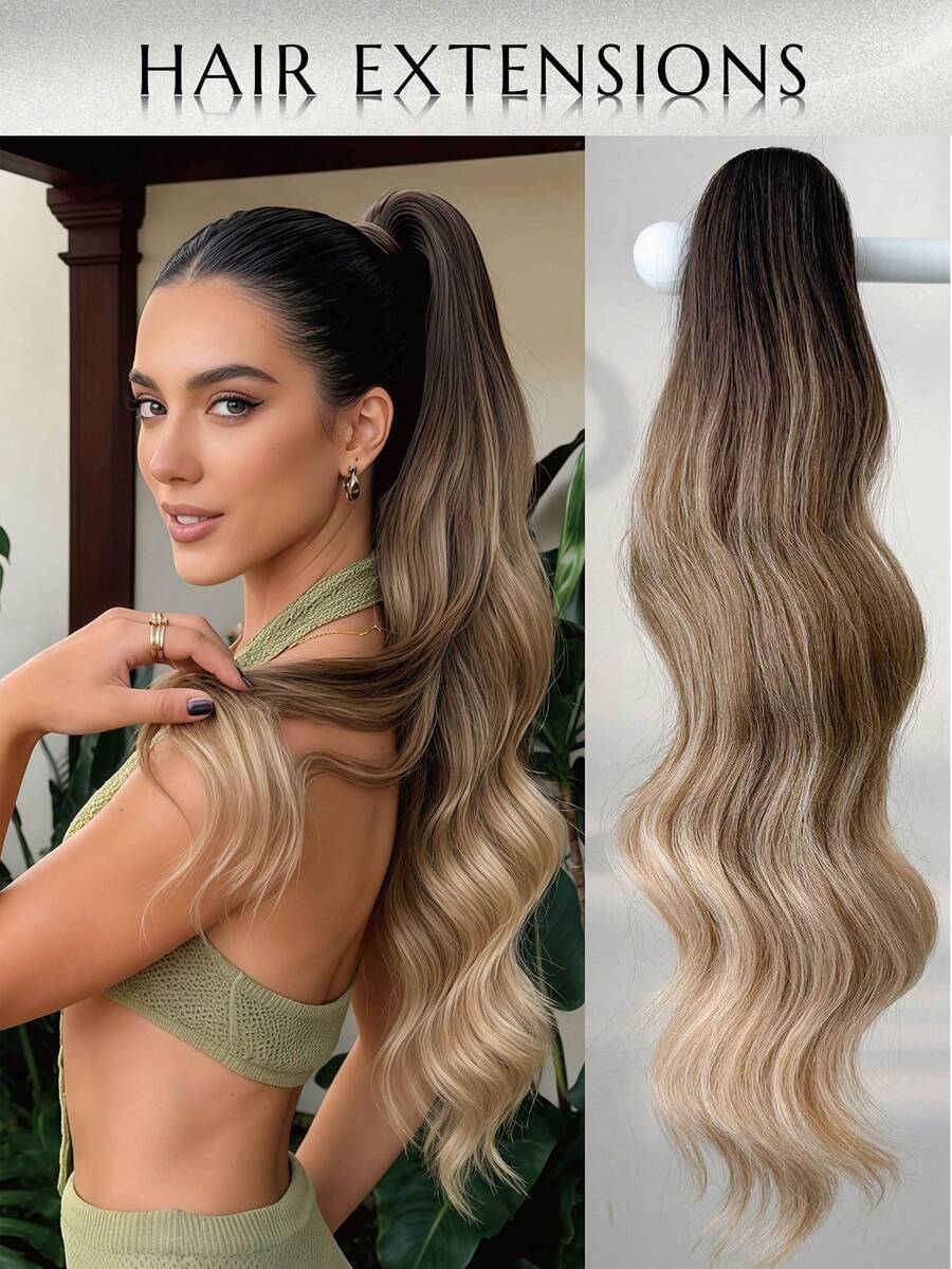 26 Inch Long Deep Wave Thermal Fiber Synthetic Ponytail Hair Extension With Clip, Inspired By Women's Holiday Style, Suitable For Daily Wear - Multicolor - View 1