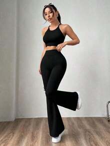 Women's Slim-Fit, Flared Pants In Black Knit Fabric, Elegant And Versatile. - 黑色 - 查看 5