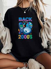 Camiseta Unisex 100% Algodón, Diseño Retro de los Años 2000, Temática Vintage para Fiestas, Camisetas Gráficas para Mujer - Camiseta de Manga Corta Estampada - Negro - Ver 1