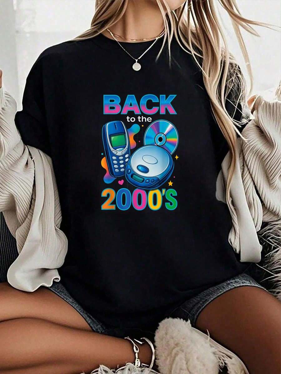 Camiseta Unisex 100% Algodón, Diseño Retro de los Años 2000, Temática Vintage para Fiestas, Camisetas Gráficas para Mujer - Camiseta de Manga Corta Estampada - Negro - Ver 1