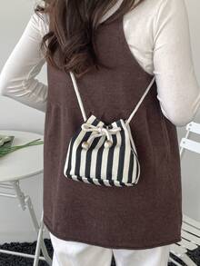 Canvas Fashion New Shoulder Crossbody Bag Handbag Commuter Bag Drawstring Bucket Bag Minimalist Stylish Striped Shoulder Bag - Black - View 6