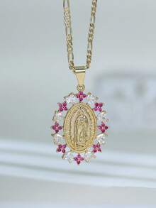 1pc 3D Hollow Virgin Mary, St. Jude, St. Michael Flower Stone Pendant Necklace, Suitable For Men And Women Daily Wear, Party, Prayer - Multicolor - View 7