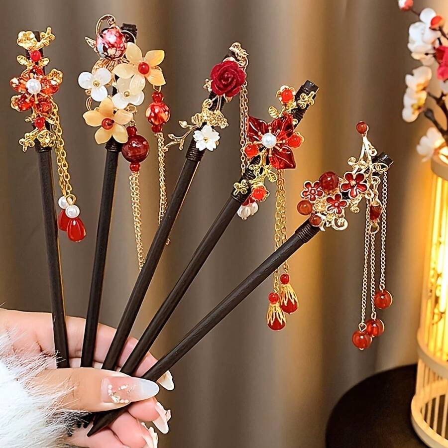 1pc Red Faux Pearl Tassel Hairpin, Hair Stick, Hanfu Traditional Hair Accessory, Chinese Retro Hairpin, Christmas Gift - 風格5 - 查看 1