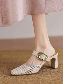 2026 New Woven Leather Closed Toe High Heel Sandals, Women Summer Slip-On Mules - Beige - View 1