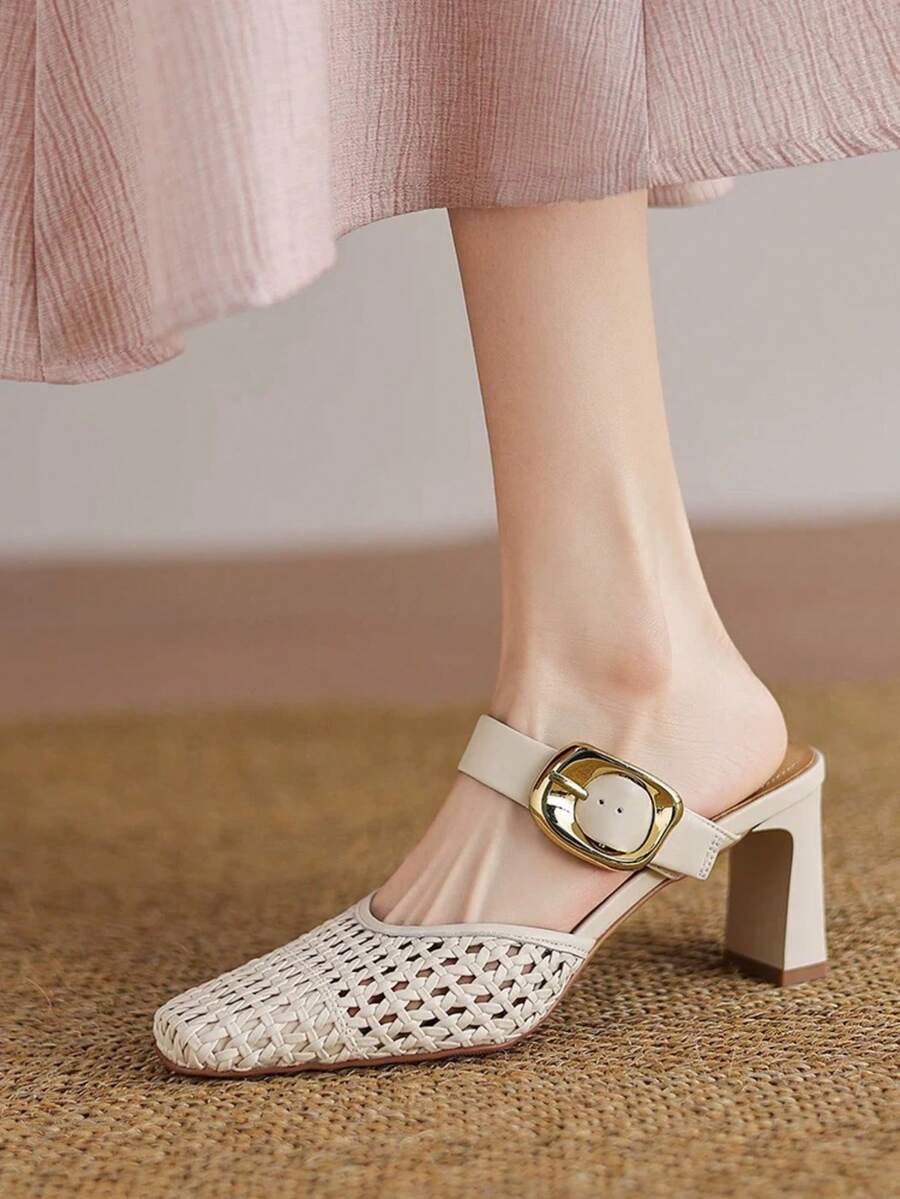 2026 New Woven Leather Closed Toe High Heel Sandals, Women Summer Slip-On Mules - Beige - View 1