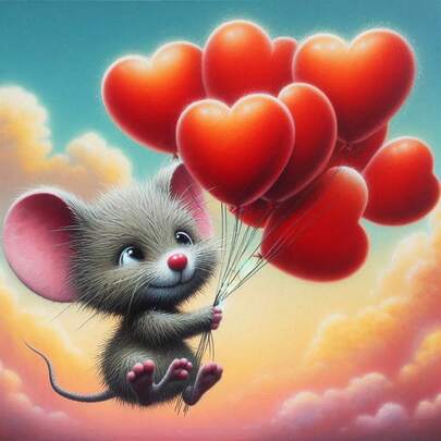 DIY钻石画套装 - 天空气球老鼠图案，圆形钻石画，家居装饰，高品质工具和配件，无框设计，DIY手工套装，斋月和母亲节礼物，钻石画套装