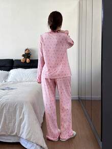 Dreamivo Floral Print Ruffle Trim Women Long Sleeve Pajama Set - Pink - View 2
