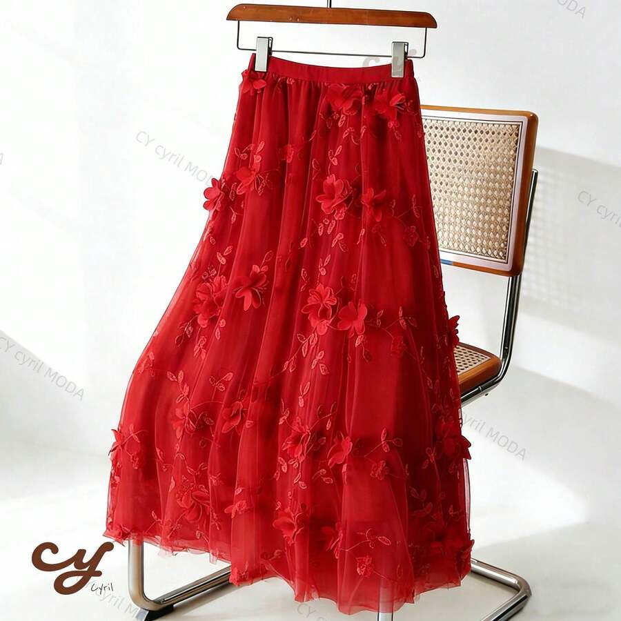 Midi Tulle Skirt With Elegant 3D Flowers - Various Colors - Sizes S To XL - Đỏ 1 - Xem 1