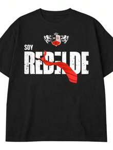 Basic Casual T-Shirt With  Band Print "Soy Rebelde Gravata" (I'm A Rebel Tie), Streetwear Hip-Hop Style Shirt,  Fan Series For The Rebeldes Band, 100% Cotton Material. - màu đen - Xem 3