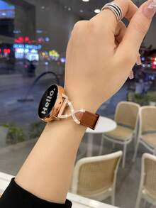 20mm Leather Quick Release Watch Band, X-Shaped Rhinestone Strap, Compatible With Samsung, , Watches, Suitable For Men And Women - Brown - View 7