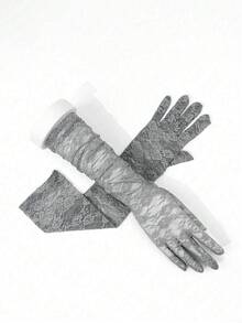 1 Pair Women's Lace Gloves, Long Full Finger Gloves For Driving, Sun Protection, Bridal Ceremony, Summer - Gray-081 - View 5