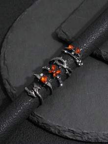 Set de 5 anillos de mujer con alas de mariposa con cristal en forma de corazón de vid oscura y anillos de serpiente de estilo punk - Negro - Ver 4
