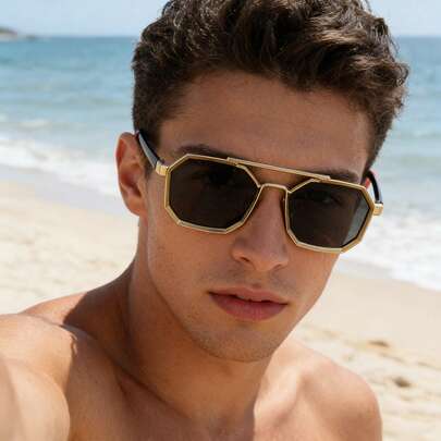 1 Pair Of Unisex Large-Frame Gold-Frame Polygonal Fashion Glasses, Anti-Ultraviolet, Retro Aviator Style Fashion Glasses, Contrasting Color Temple Arms, Beach Vacation Style