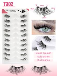 SHIDISHANGPIN 10对透明杆假睫毛，3D手工仿貂毛半眼睫毛，纤细柔软交叉卷翘延长款，适合小眼睛女孩日常及派对妆容 - 黑色 - 查看 3