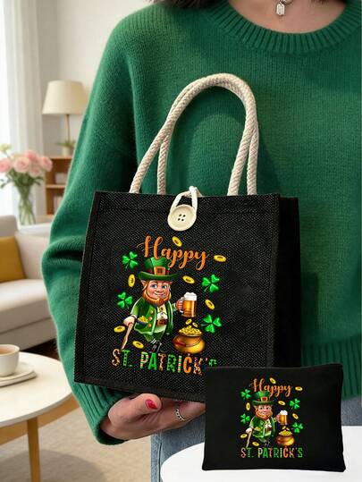 Happy St. Patrick's Letter Pattern Handbag ,Suitable For St. Patricks Day Gift,Large Capacity Fashion Simple Style Durable Bag With Western St. Patricks Printed,Portable Leisure Storage Tote Bag With A Novel Design And Large Capacity, Making It An Ideal Shopping Bag. Suitable For Outdoor Picnics, Parties, Travel And Shopping,Daily Use, Dating, Birthdays, Holidays, Back To School, Beach, Travel, Commuting,Students, Picnics, Camping,Mother's Day Gift, St. Patricks Day