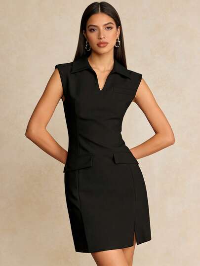 1pc Amyenjoylife Solid Color Elegant V-Neck Faux Pocket Sleeveless Dress, Suitable For Evening Date, Party, Music Festival In Summer, Black